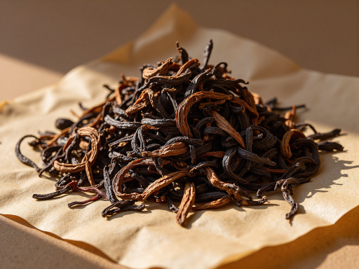 武夷山大红袍茶叶特写，条索紧结，色泽乌润，摆放在竹制茶盒中，背景为茶山