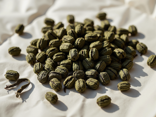 安溪铁观音茶叶特写，颗粒紧结，色泽砂绿，摆放在白色茶盘上，背景虚化